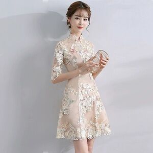 Elegant Floral Lace Dress, Chinese Cultural Qipao- used once, in great condition